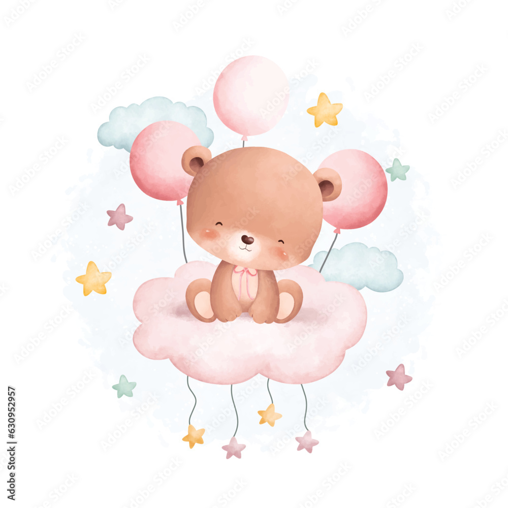 Watercolor illustration cute teddy bear on cloud with stars and balloons