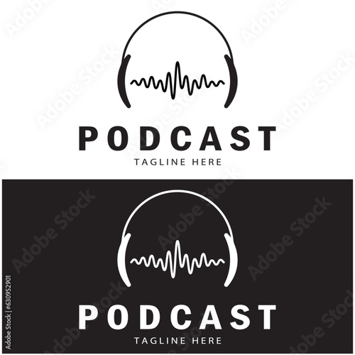 podcast logo with microphone and earphone audio, radio waves. for studio, talk show, chat, information sharing, interview, multimedia and web.