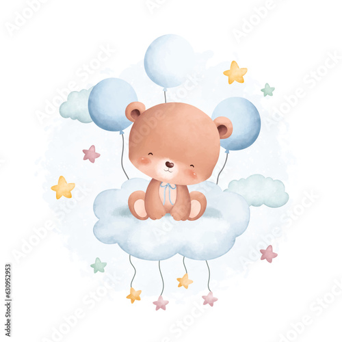 Watercolor illustration cute teddy bear on cloud with stars and balloons