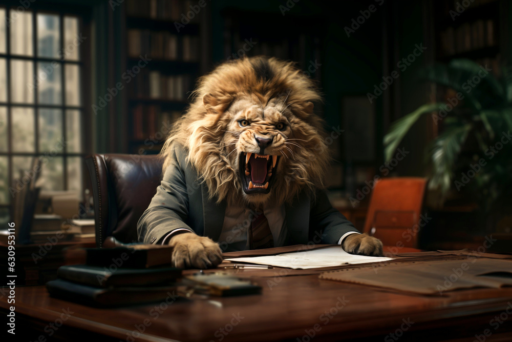  Irritated roaring male lion in expensive formal suit, king of beasts with mane, the big boss is sitting in a luxurious chair in the office room. Business management concept. Generative AI Technology