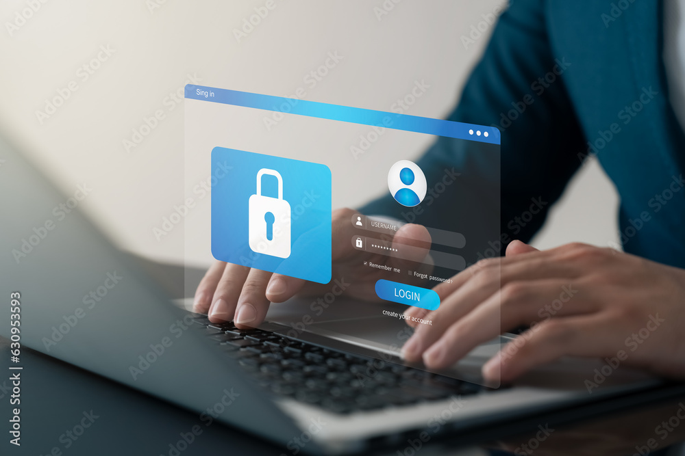 Cybersecurity and privacy concepts to protect data. Lock icon and internet network security technology. Businessmen protecting personal data on laptop and virtual interfaces.