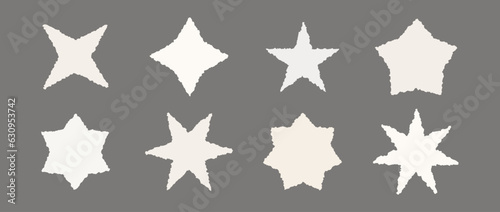  Torn paper stars set. Collection of ripped star-shaped elements with rough edges. Paper bling and diamond shapes pack for poster, banner, collage, note, text box, sticker. Vector illustration bundle
