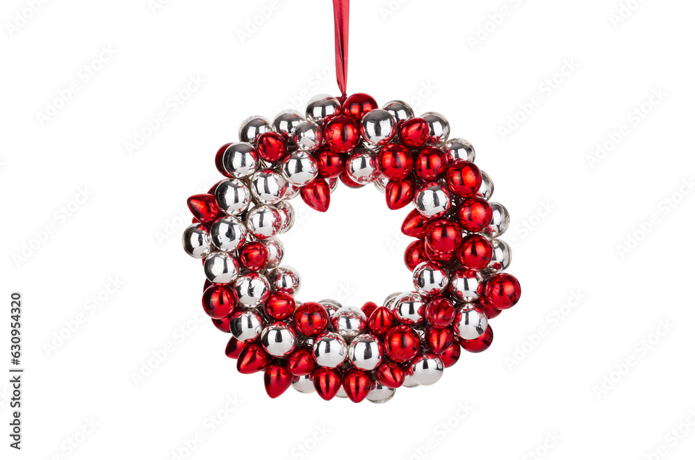 christmas wreath of red silver glass shiny balls isolated with clipping path. New Year decor christmas wreath of red silver glass shiny balls isolated with clipping path. New Year decor