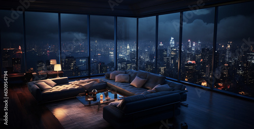 Penthouse sofa big window view City in Night. Generative Ai content