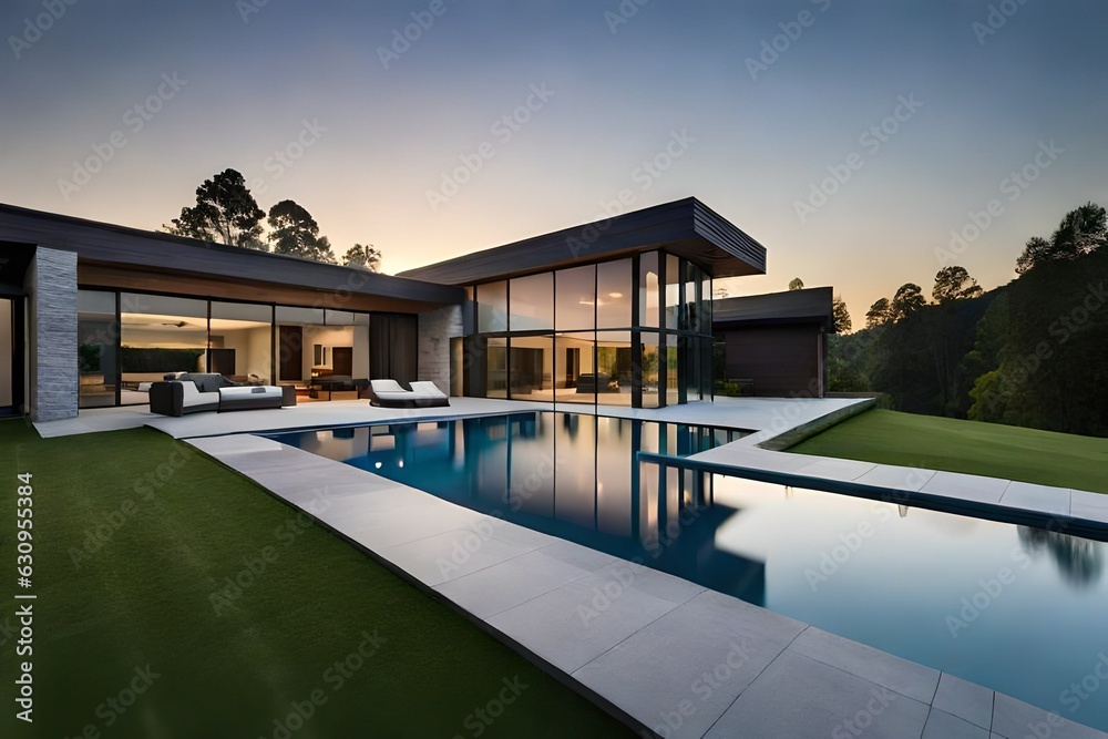 modern villa with outstanding glass work and a beautiful piece of architecture presenting a eye catching view and throwing a peaceful effect generated by  AI