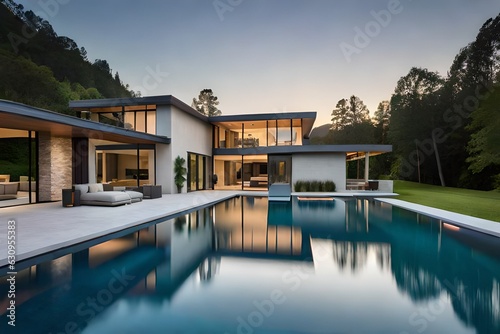 modern villa with outstanding glass work and a beautiful piece of architecture presenting a eye catching view and throwing a peaceful effect generated by AI