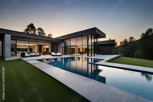 modern villa with outstanding glass work and a beautiful piece of architecture presenting a eye catching view and throwing a peaceful effect generated by  AI © AB malik