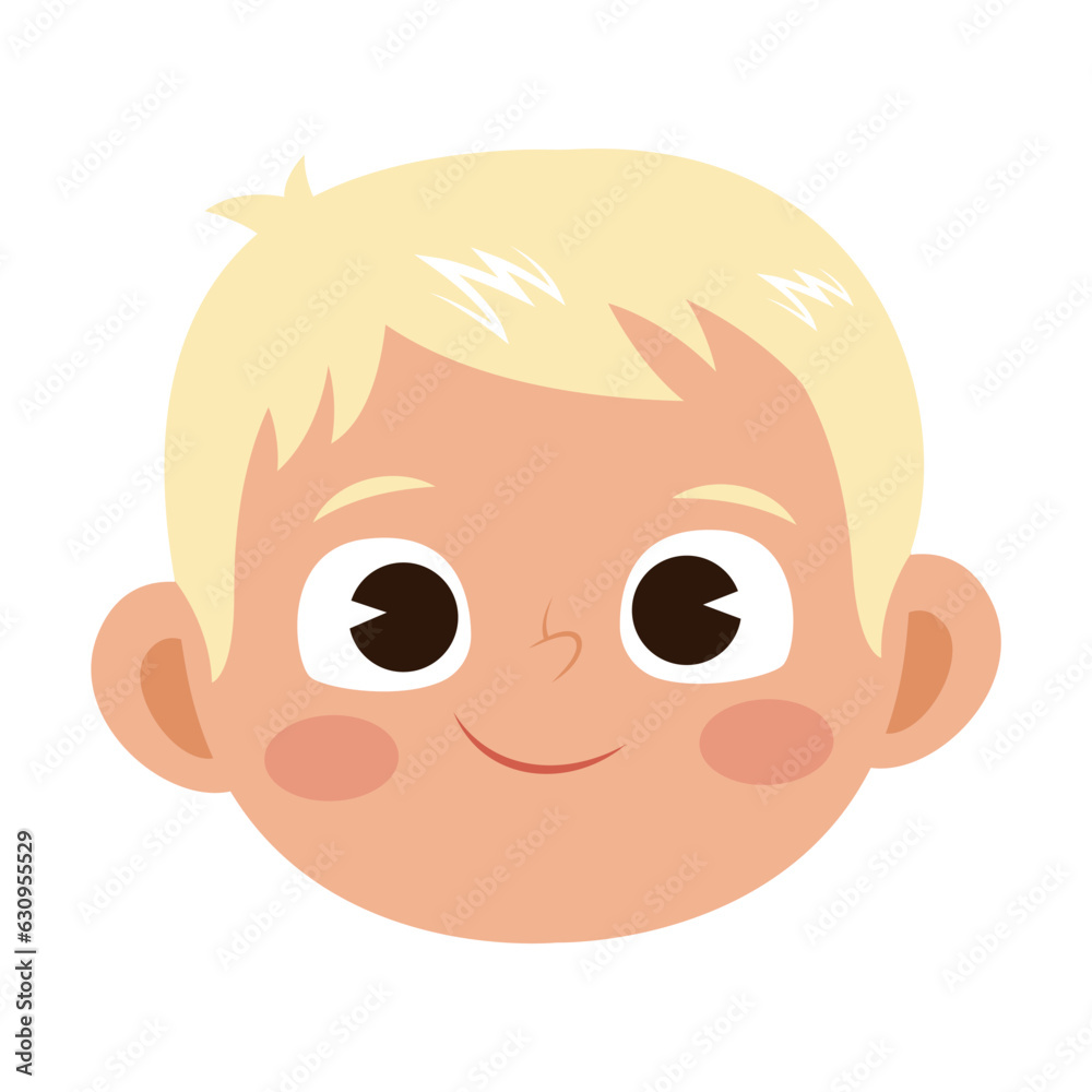Happy face of blond boy vector. Cute facial expression of child, kid smiling isolated on white background. Childhood, emotions concept