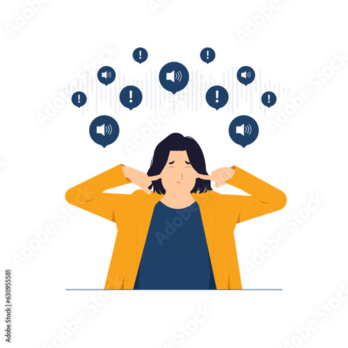 Noisy, frustrated depressed,  stressful. Stubborn annoyed woman sticking plug fingers in ears not listening to loud noise sound concept illustration