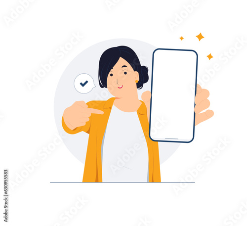 Excited woman showing pointing her index finger close up blank empty mobile smart phone with copy space concept illustration