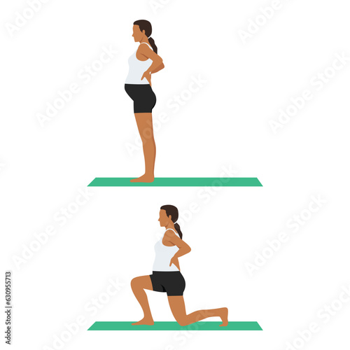 Side view of pregnant woman doing reverse lunges. prenatal fitness. Flat vector illustration isolated on white background