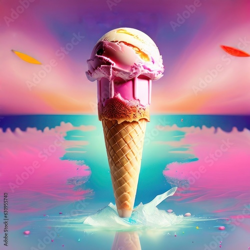 Ice cream dessert on a brright colorful background. Generative AI photo
