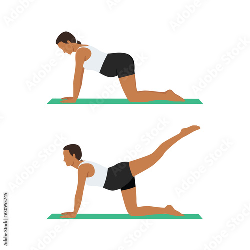 Young pregnant woman doing kick back exercise during pregnancy workout. Pilates of healthy happy mom with belly. Cat cow pose with one leg aerial. Flat vector illustration isolated on white background