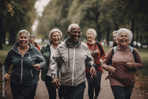 Seniors walking in the park together