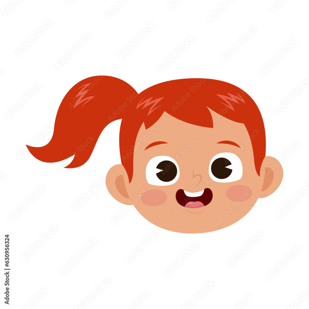Happy face of redhead girl vector illustration. Cute facial expression of child, kid smiling and laughing isolated on white background. Childhood, emotions concept Happy face of redhead girl vector illustration. Cute facial expression of child, kid smiling and laughing isolated on white background. Childhood, emotions concept