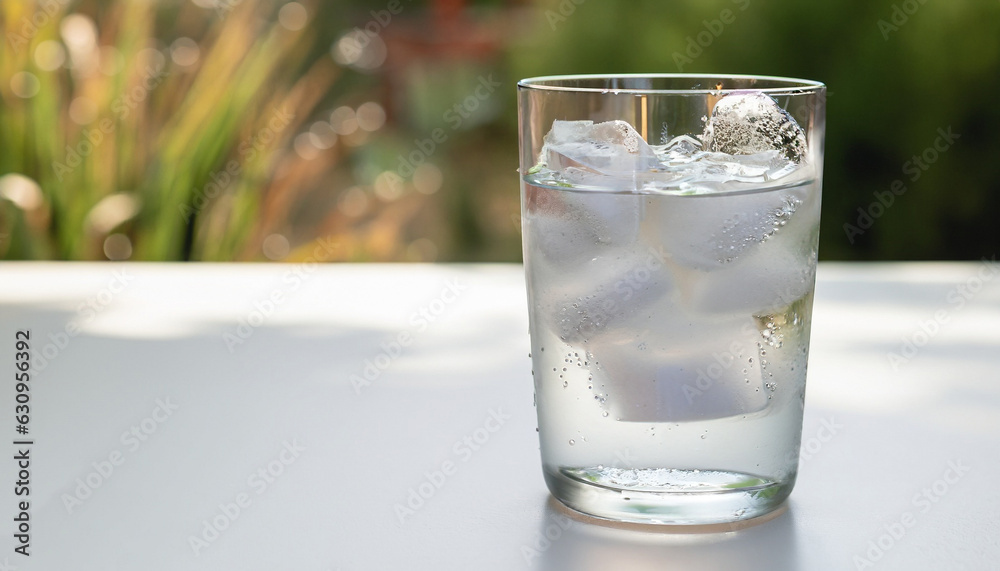 Glass of refreshing soda water with ice cubes on white table outdoors, space for text Glass of refreshing soda water with ice cubes on white table outdoors, space for text