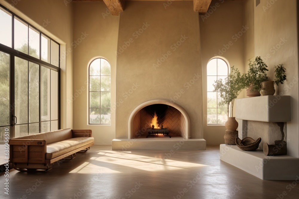 The living room interior has a width stucco fireplace and a simple stone mantelpiece.