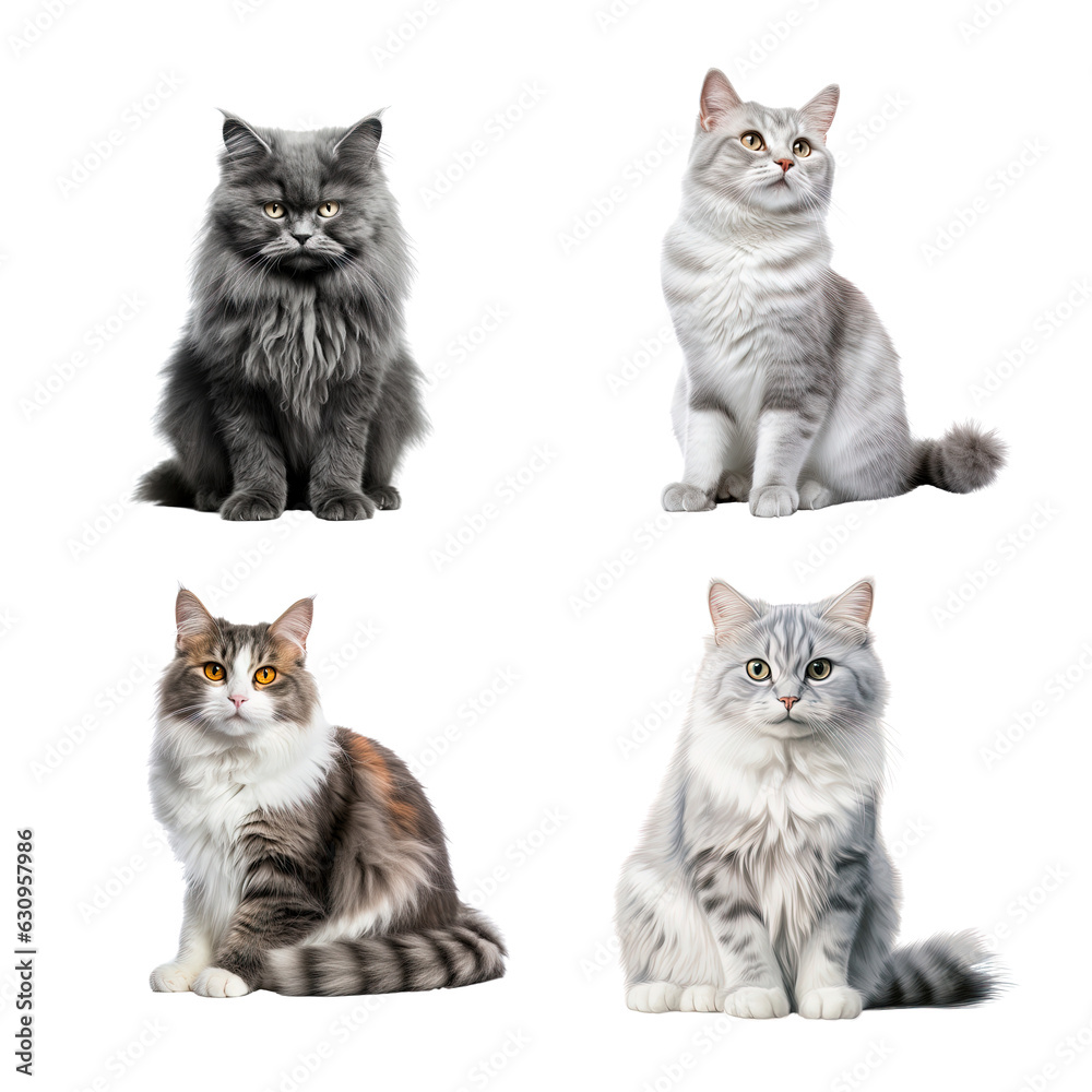 Beautiful cute cat collection isolated on transparent background