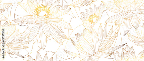 Luxury hand drawn lotus flowers background vector. Elegant gradient gold lotus flowers line art, leaves on white background. Oriental design for wedding invitation, cover, print, packaging design.