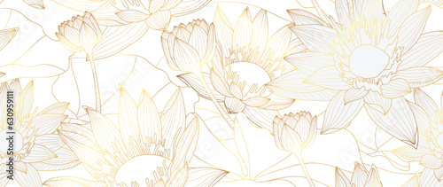 Luxury hand drawn lotus flowers background vector. Elegant gradient gold lotus flowers line art, leaves on white background. Oriental design for wedding invitation, cover, print, decoration, template.