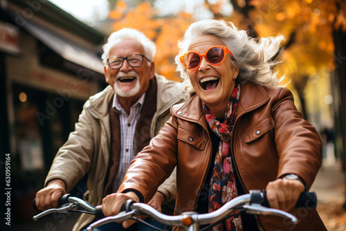 Cheerful active senior couple with bicycle in public park together having fun lifestyle. Perfect activities for elderly people. Happy mature couple riding bicycles in park. Generative AI Technology