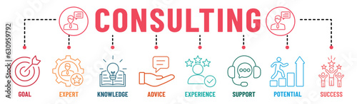 Consulting banner infographic colours thin line icons set. Goals, expert, knowledge, advice, experience, support, potential, and success. Vector illustration