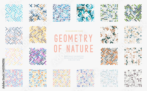 Geometric Maze Patterns. Natural Blue and Green Ornaments and Textures. A Collection of Abstract Seamless Vector Backgrounds 