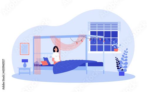 Happy woman going to sleep vector illustration. Comfortable bed with pillows, sheets and blankets in cozy bedroom with soft string lighting. Bedding elements, sleep environment concept