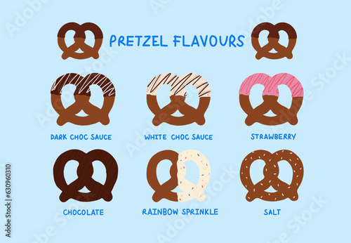 Hand drawn various pretzel flavours of chocolate, strawberry, white choc, salt for bakery, pastry, fast food, menu, recipe, sweet dessert, baking book, cafe, restaurant, grocery shopping, snack