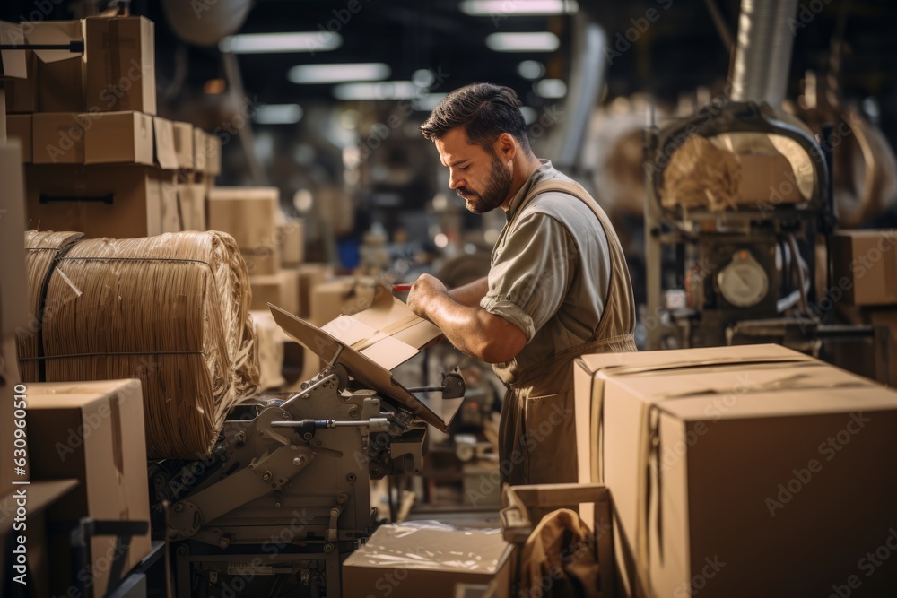 Worker Operating Cardboard Box Making Machine, Generative AI Worker Operating Cardboard Box Making Machine, Generative AI