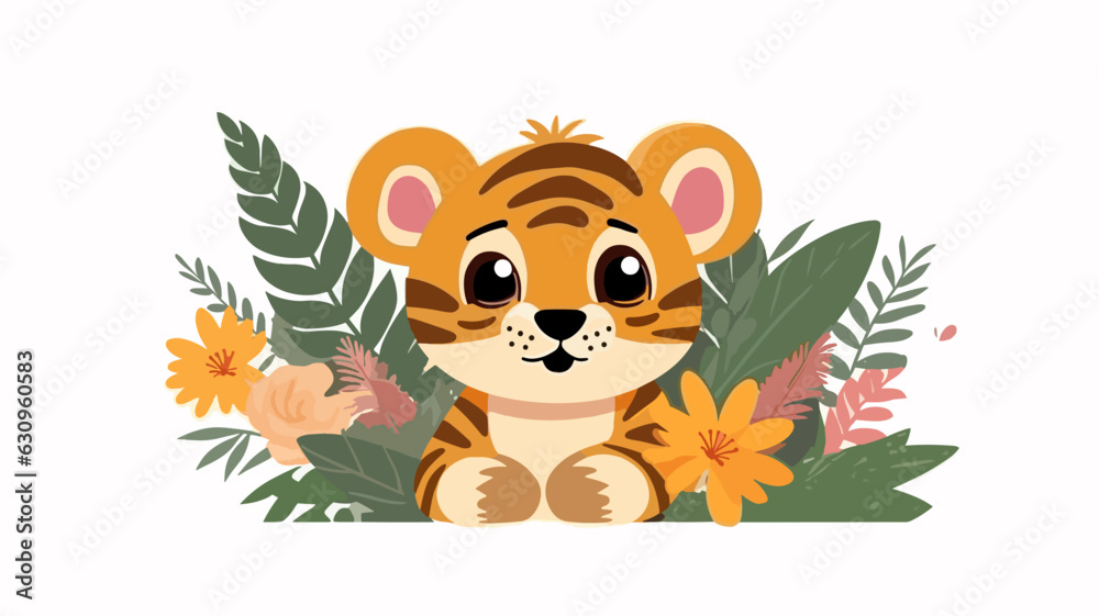 Vector illustration of little tiger baby in flower field.
