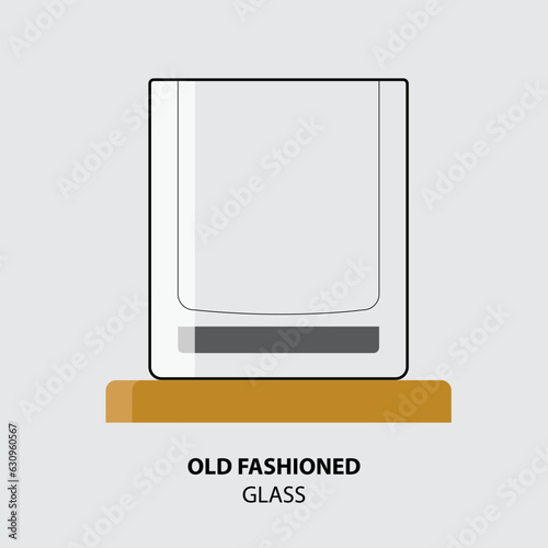 Old Fashioned Glass line art vector illustration with podium and text isolated on gray background.