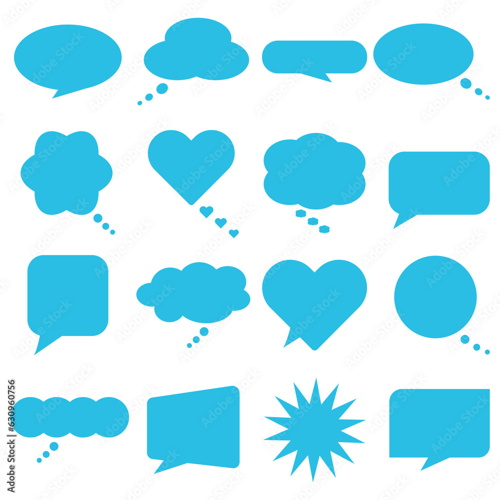 Blue speech bubble set. Speech bubbles blue set in different shapes. Blue Talk bubble isolated on transparent background.