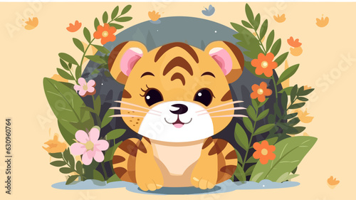 Vector illustration of little tiger baby in flower field.