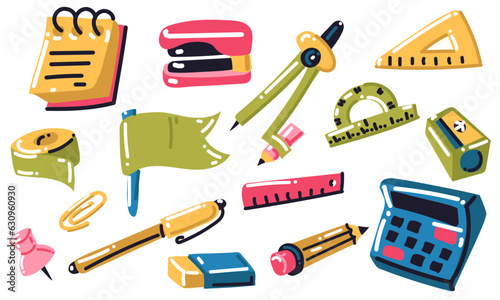 A set of school supplies for mathematics and not only. Notepad, compass, pencil, pen, ruler, rubber band, calculator, button, paper clip, stapler, square, etc. Sticker Collection