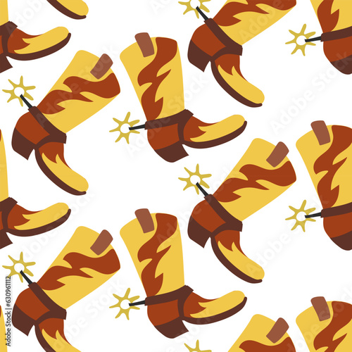 Cowboy seamless pattern with Western decorative elements. Cowboy leather boot on a white background. Vector children's style orange color background
