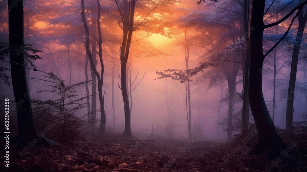 Mysterious dark forest with fog and sunbeams.