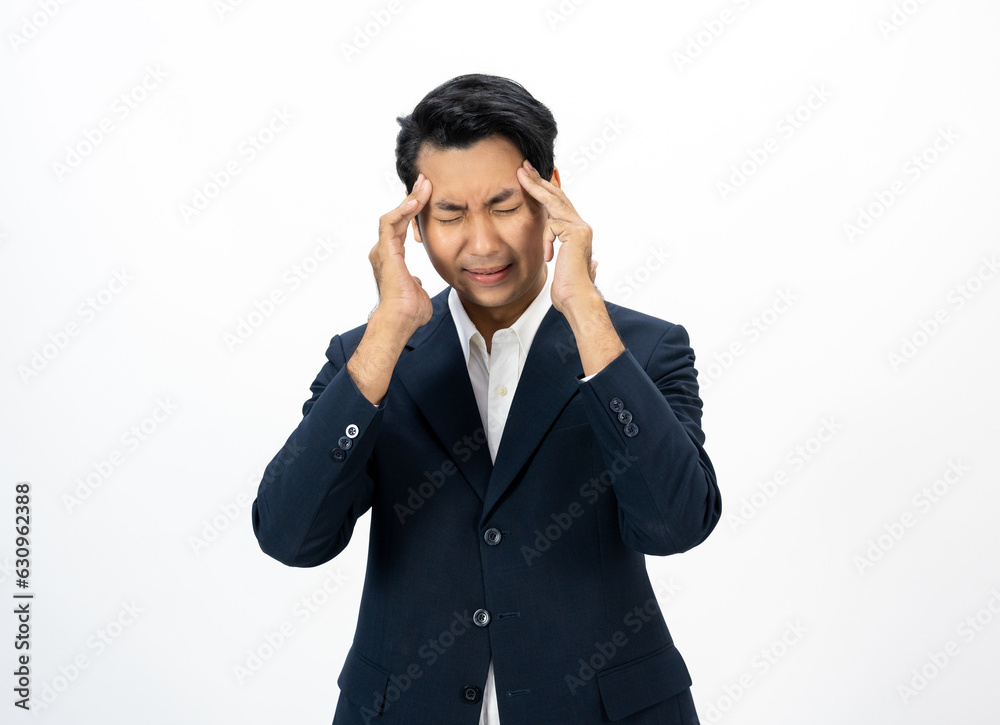 Depressed stressed. Young asian businessman on isolated white background. Angry businessman in office suit uniform. Depressed stressed. Young asian businessman on isolated white background. Angry businessman in office suit uniform.