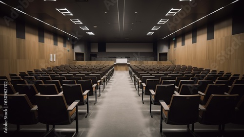 Illustration of spacious hall for lectures and presentations. Big conference room indoor background.