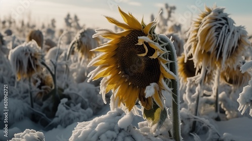 Close up frozen sunflower flower head with rime on petals. Farm field with spoiled crop. Cold weather snowy outdoor background.