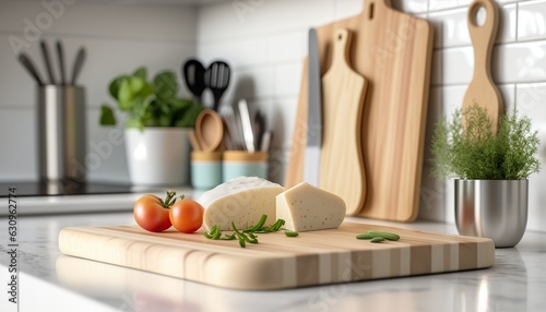 Close up chopping or cutting wooden board with vegetables on the table, day light kitchen interior, indoor background with copy space.