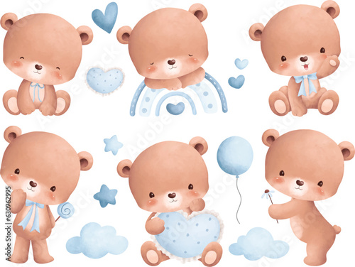 Watercolor illustration set of cute Teddy bears