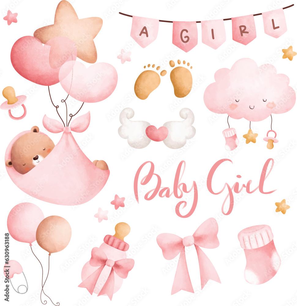 Watercolor illustration set of nursery clipart for baby girl