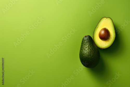 Avocado cut in half on green background with copy space.Generative Ai