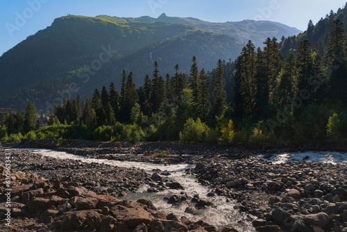 View of the Amanauz River in the foothills of the Northern Caucasus Mountains near the village of Dombay on a summer day, Karachay-Cherkessia, Russia photo