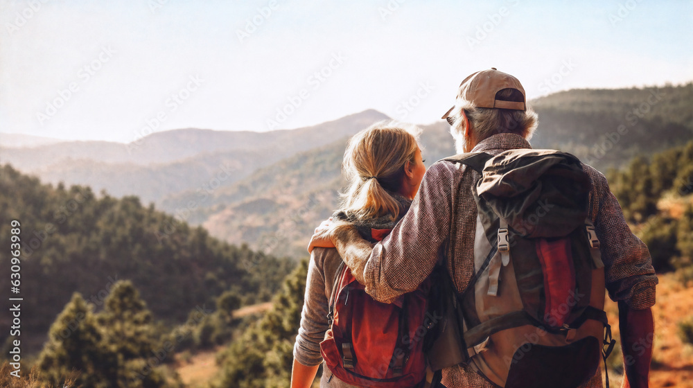 couple walking in the forest. Generative AI