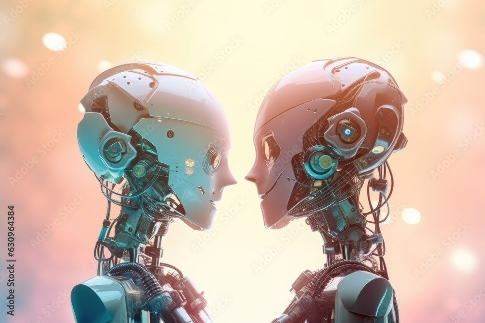 Female and male robots,robotic couple.Generative ai Female and male robots,robotic couple.Generative ai