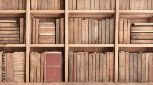 Stacks of old literature on wooden shelves. Generative AI.
