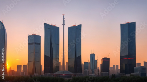 Sunset illuminates modern beijing skyline steel skyscrapers reflect. Generative AI.
