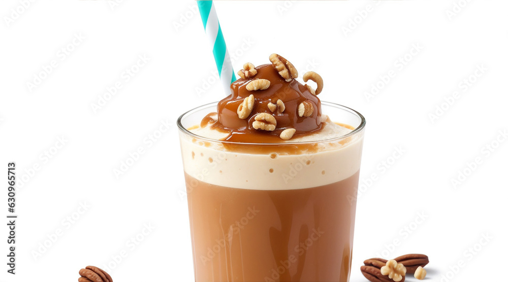 Frappe drink with caramel and nuts isolated on white background. Generative AI. Frappe drink with caramel and nuts isolated on white background. Generative AI.